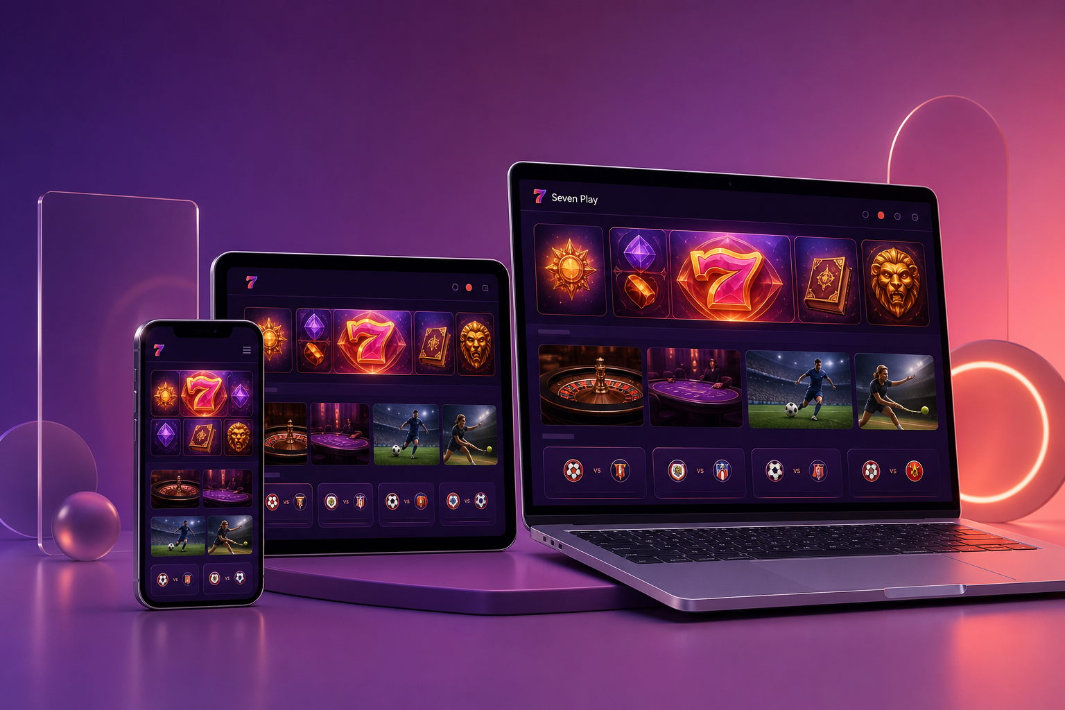 Seven Play Casino displayed across smartphone, tablet and laptop screens